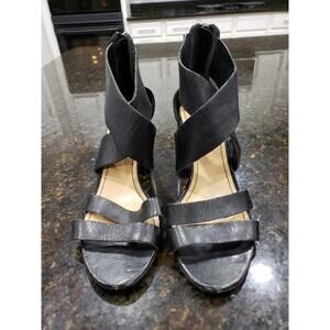 Audrey Brooke Sandal Womens Size 9 Black Leather Double Two Straps Block Heel